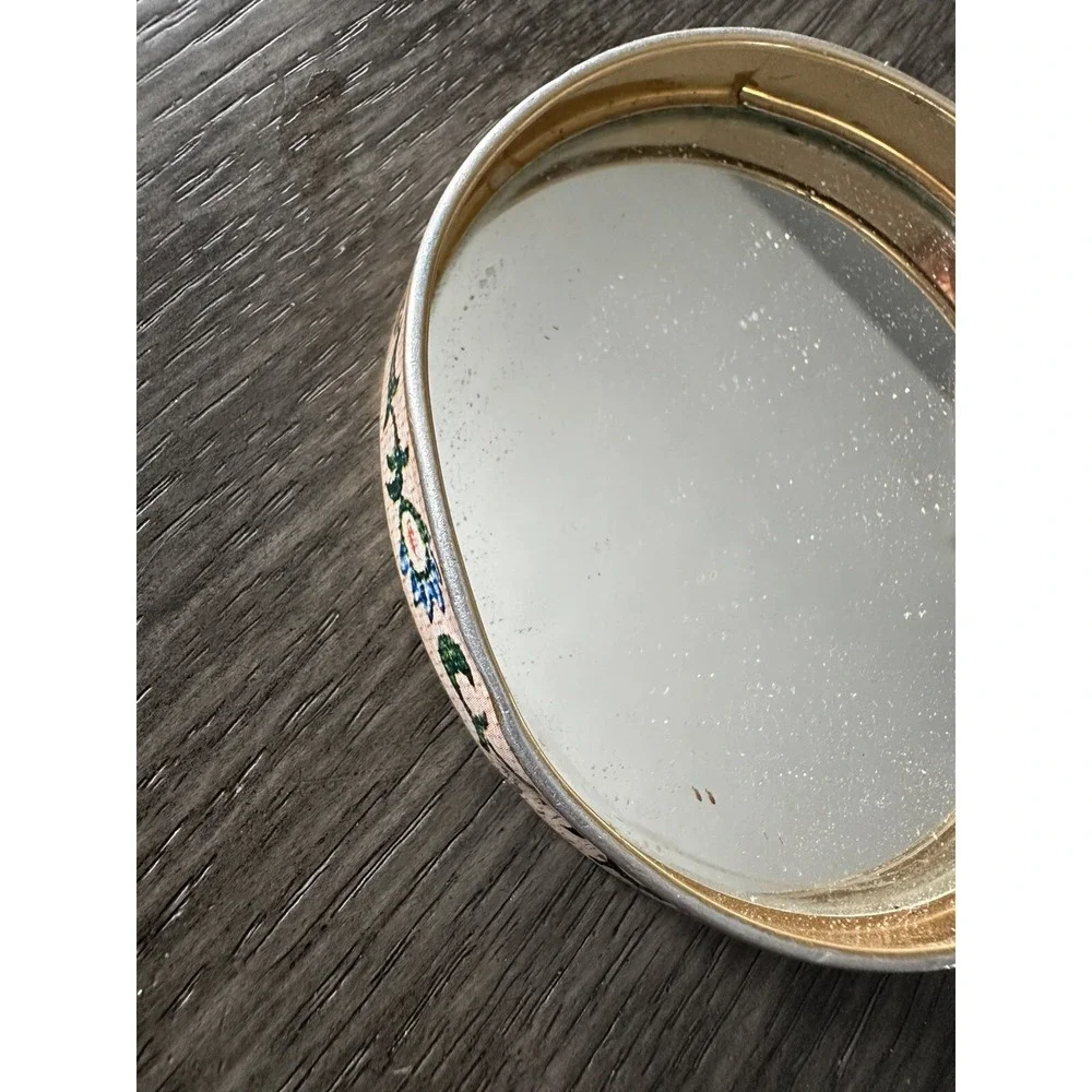 Vintage Metal Floral Double Hinged Folding Compact Double Mirror. Marked Japan